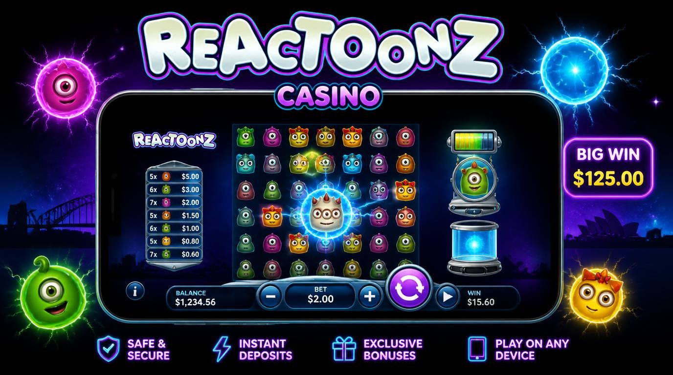 iPhone showing Reactoonz in mobile browser and Safari icon to add screen shortcut, vibrant alien effects